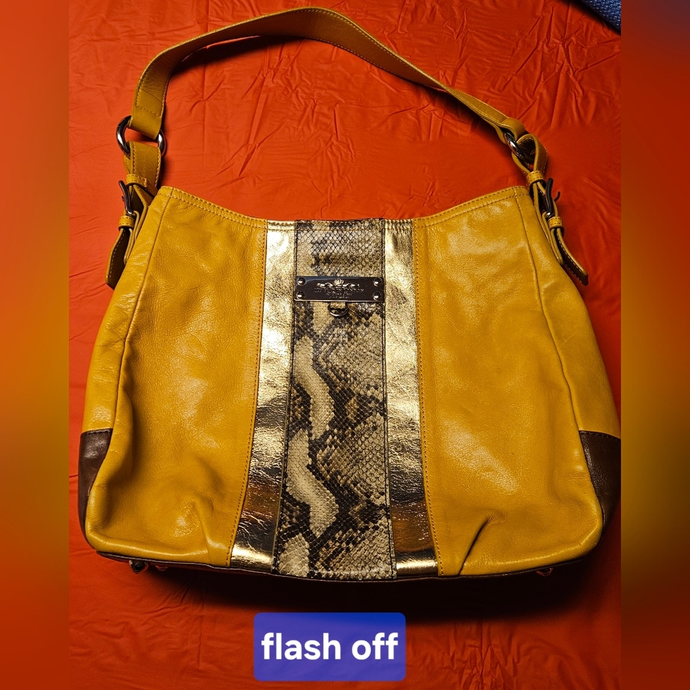 My Flat In London Mustard Snakeskin Gold & Brown w/Silver Hardware Hobo Bag EUC